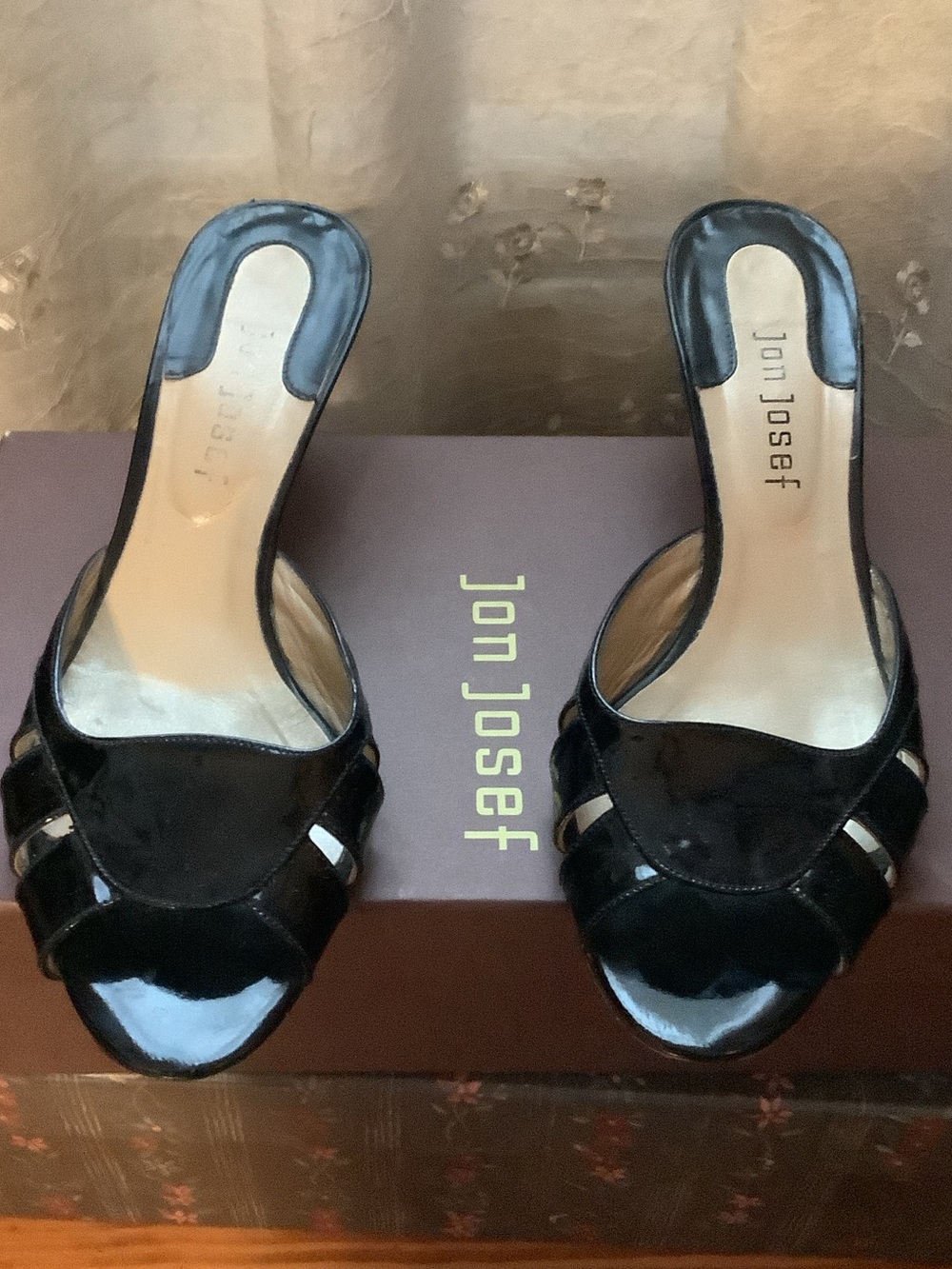 Jon Josef Black Patent Slide Mules